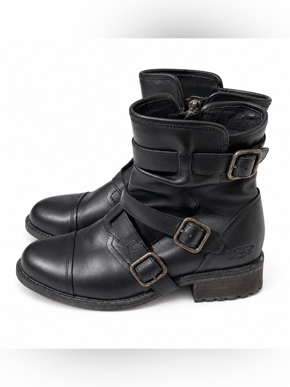 UGG Finney Black Leather Moto Buckle Boots 7.5 Side Zip Shearling
